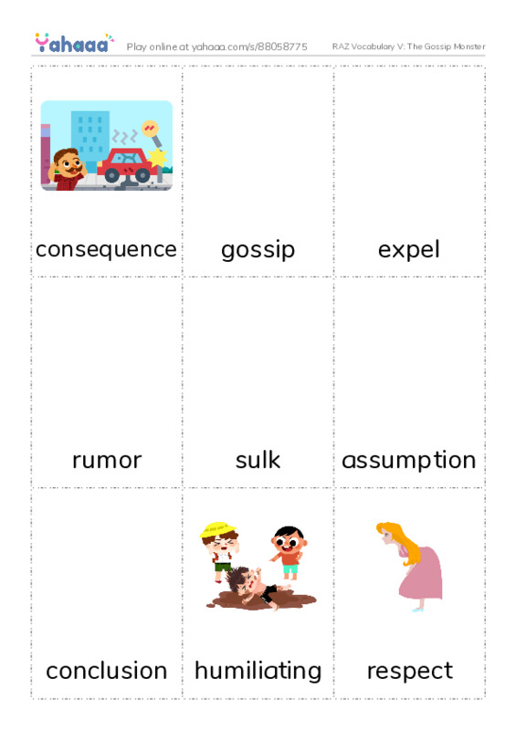 RAZ Vocabulary V: The Gossip Monster PDF flaschards with images