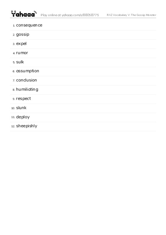 RAZ Vocabulary V: The Gossip Monster PDF words glossary