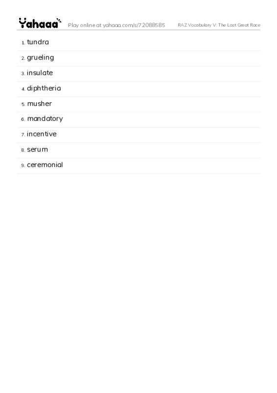 RAZ Vocabulary V: The Last Great Race PDF words glossary