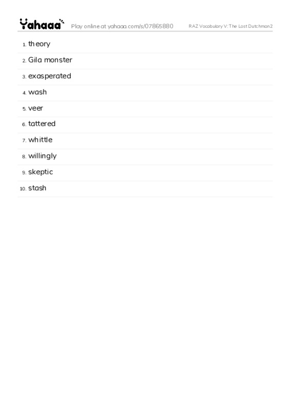 RAZ Vocabulary V: The Lost Dutchman2 PDF words glossary