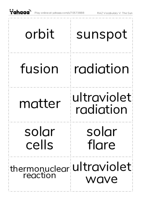 RAZ Vocabulary V: The Sun PDF two columns flashcards
