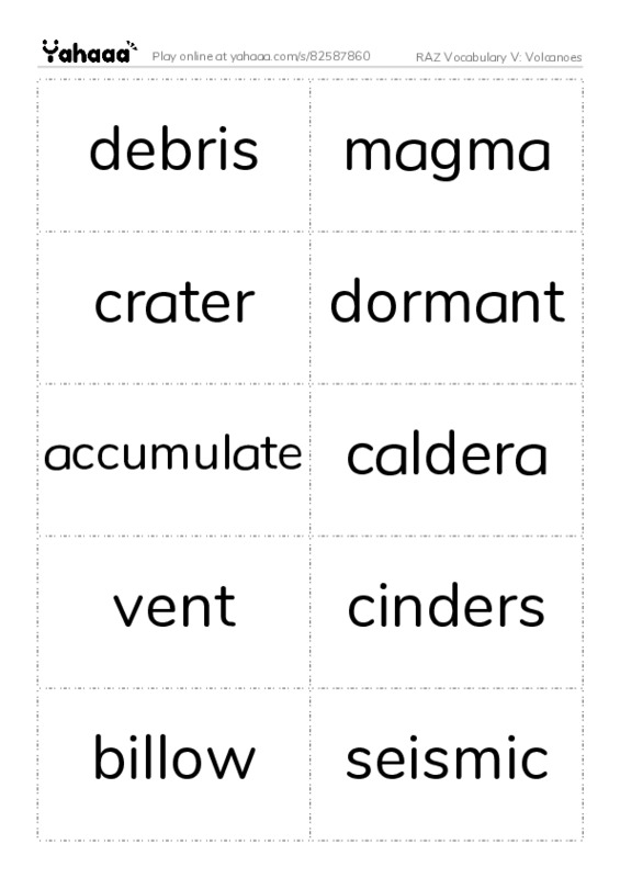 RAZ Vocabulary V: Volcanoes PDF two columns flashcards