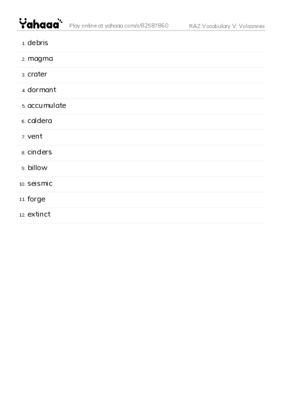 RAZ Vocabulary V: Volcanoes PDF words glossary