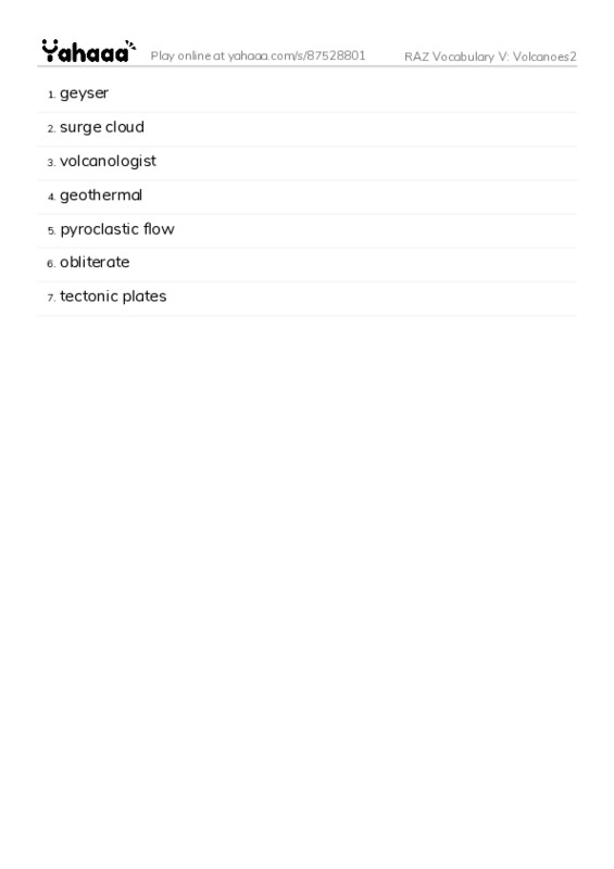 RAZ Vocabulary V: Volcanoes2 PDF words glossary