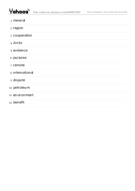 RAZ Vocabulary V: Who Owns the North Pole PDF words glossary
