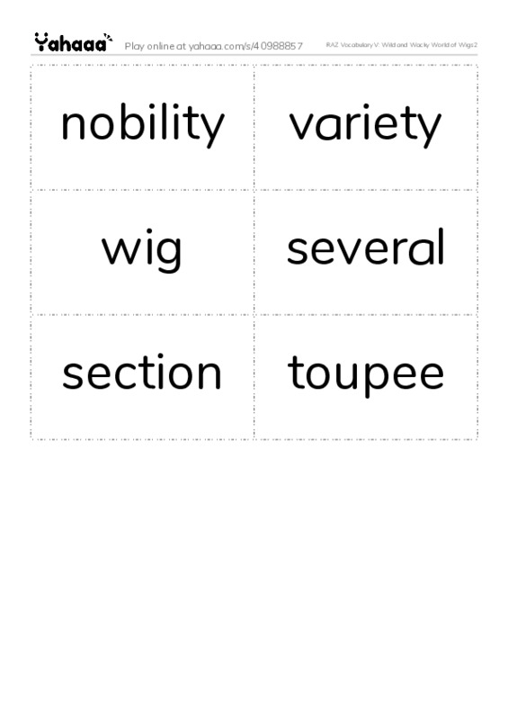RAZ Vocabulary V: Wild and Wacky World of Wigs2 PDF two columns flashcards