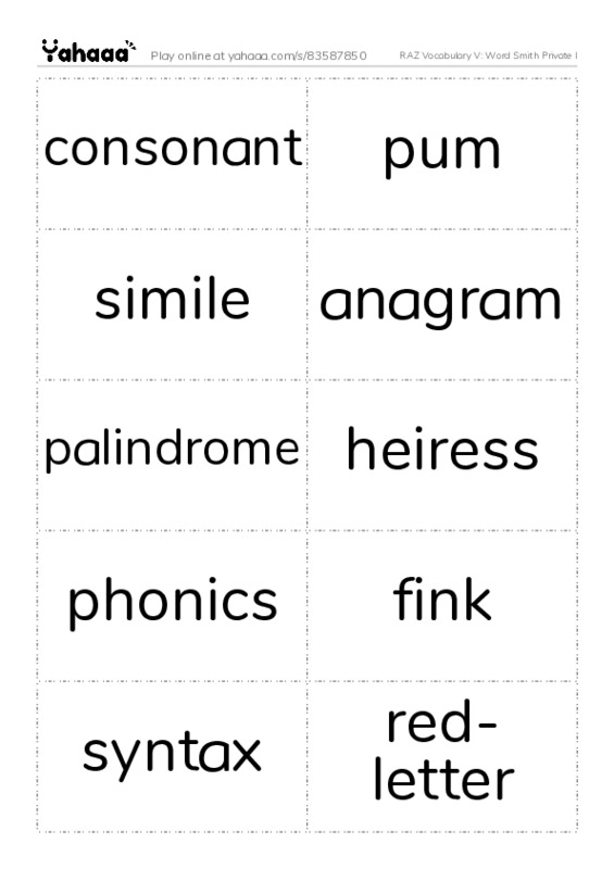 RAZ Vocabulary V: Word Smith Private I PDF two columns flashcards