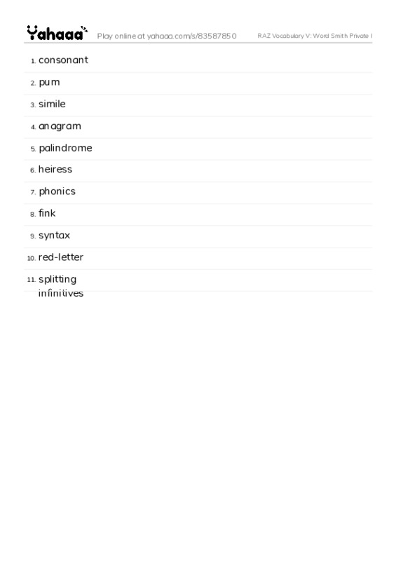 RAZ Vocabulary V: Word Smith Private I PDF words glossary