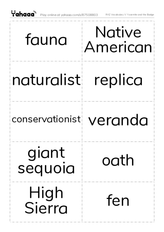 RAZ Vocabulary V: Yosemite and the Badge PDF two columns flashcards