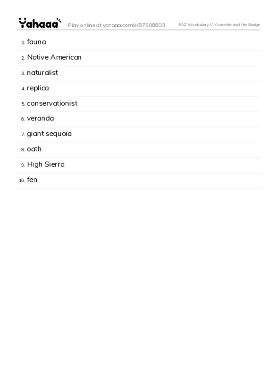 RAZ Vocabulary V: Yosemite and the Badge PDF words glossary