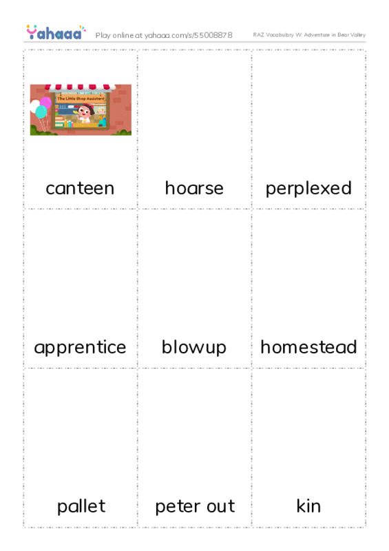 RAZ Vocabulary W: Adventure in Bear Valley PDF flaschards with images