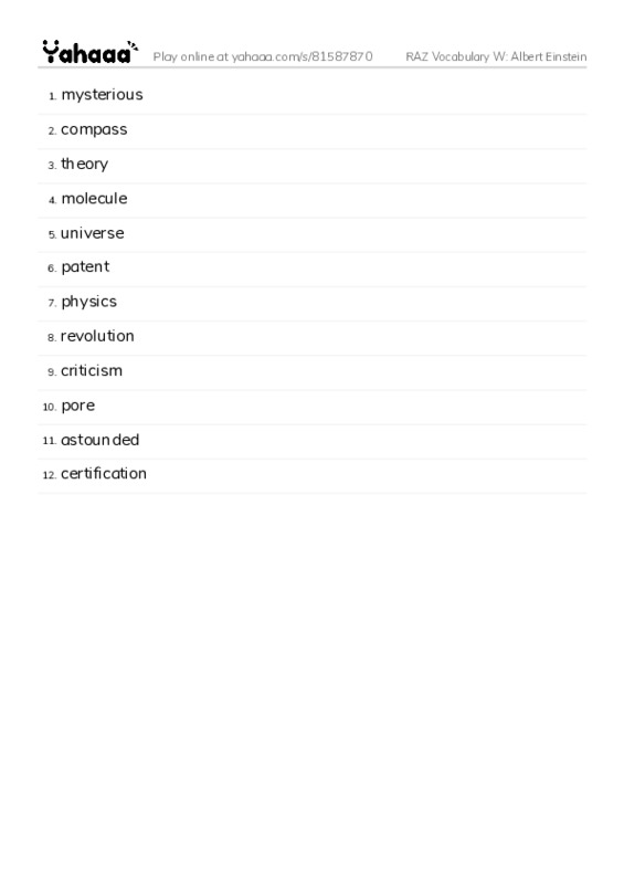 RAZ Vocabulary W: Albert Einstein PDF words glossary