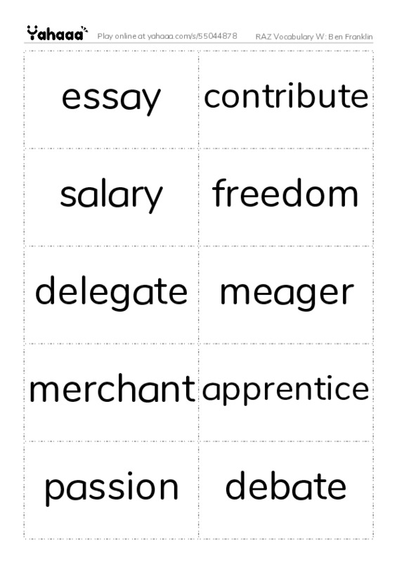 RAZ Vocabulary W: Ben Franklin PDF two columns flashcards
