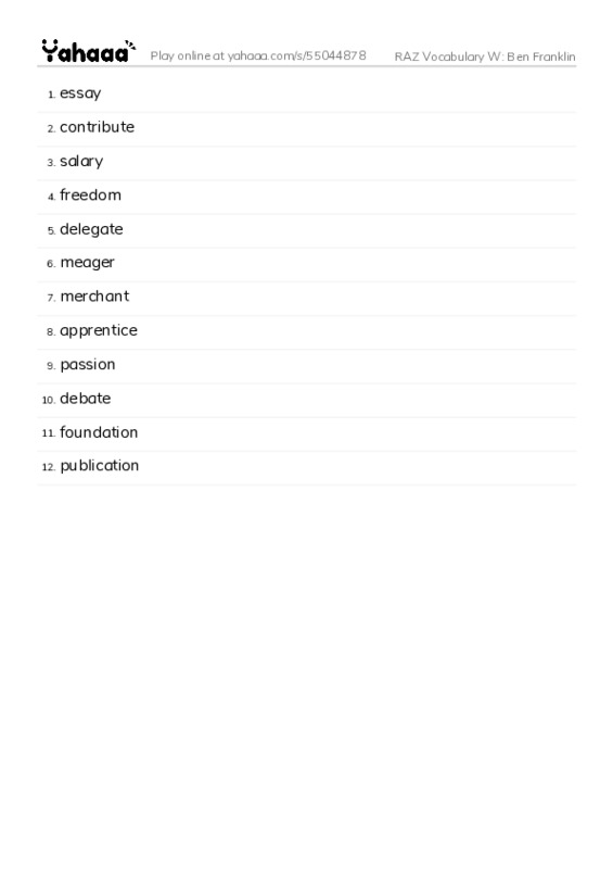 RAZ Vocabulary W: Ben Franklin PDF words glossary