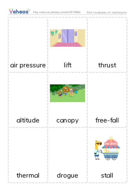 RAZ Vocabulary W: Catching Air PDF flaschards with images