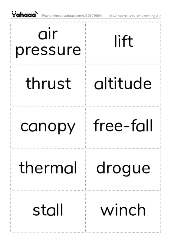 RAZ Vocabulary W: Catching Air PDF two columns flashcards