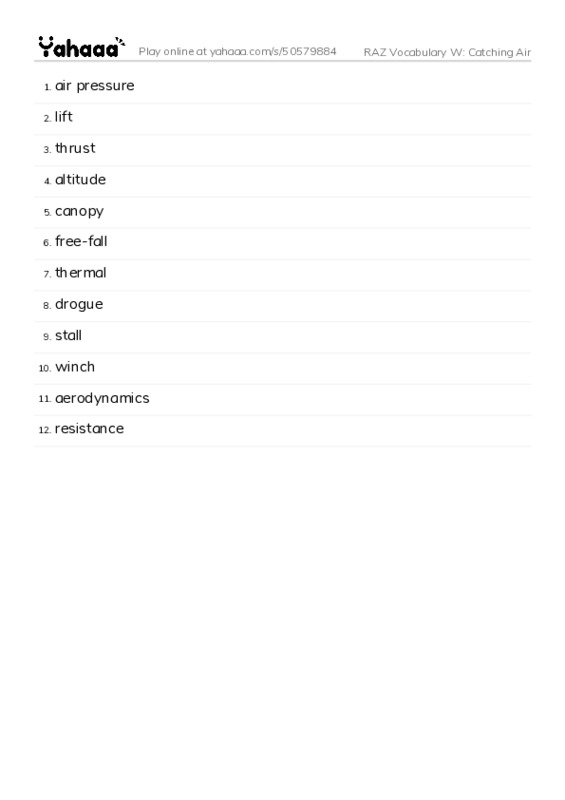 RAZ Vocabulary W: Catching Air PDF words glossary