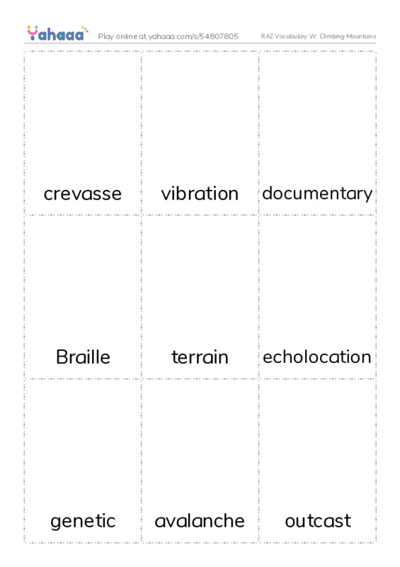 RAZ Vocabulary W: Climbing Mountains PDF flaschards with images