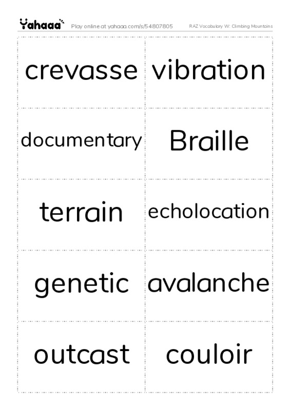 RAZ Vocabulary W: Climbing Mountains PDF two columns flashcards