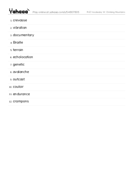 RAZ Vocabulary W: Climbing Mountains PDF words glossary