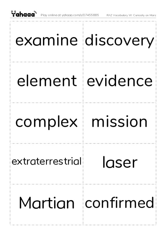 RAZ Vocabulary W: Curiosity on Mars PDF two columns flashcards