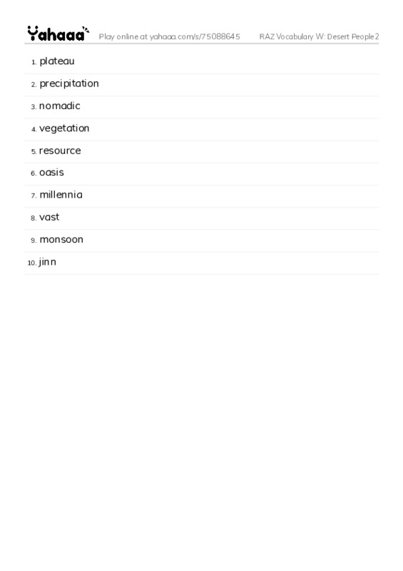 RAZ Vocabulary W: Desert People2 PDF words glossary