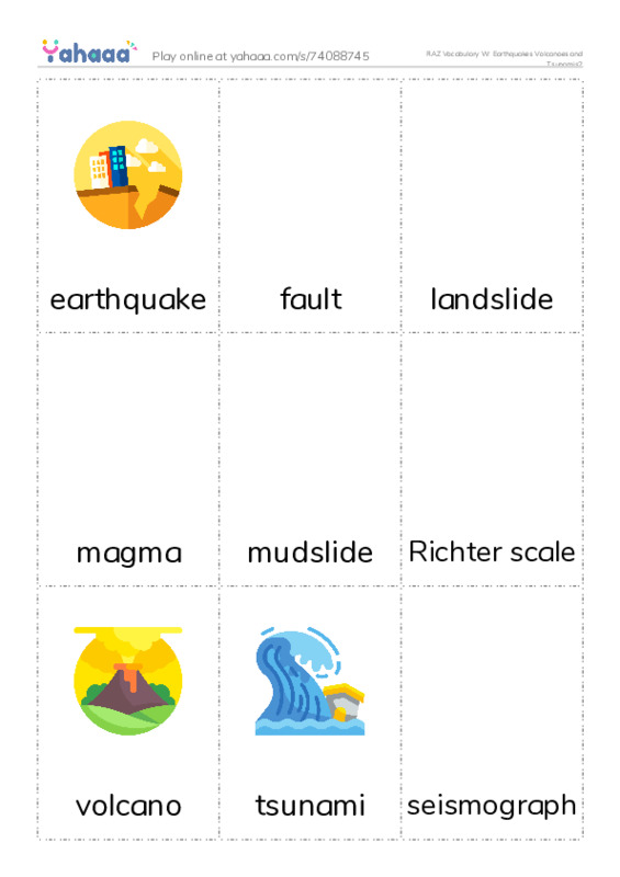 RAZ Vocabulary W: Earthquakes Volcanoes and Tsunamis2 PDF flaschards with images