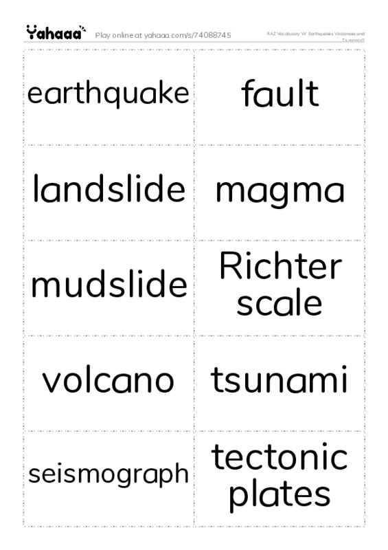 RAZ Vocabulary W: Earthquakes Volcanoes and Tsunamis2 PDF two columns flashcards