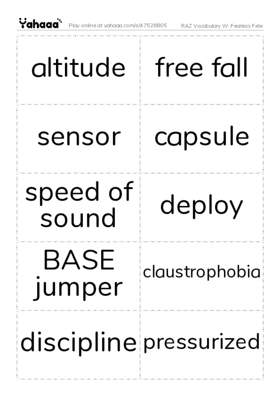 RAZ Vocabulary W: Fearless Felix PDF two columns flashcards