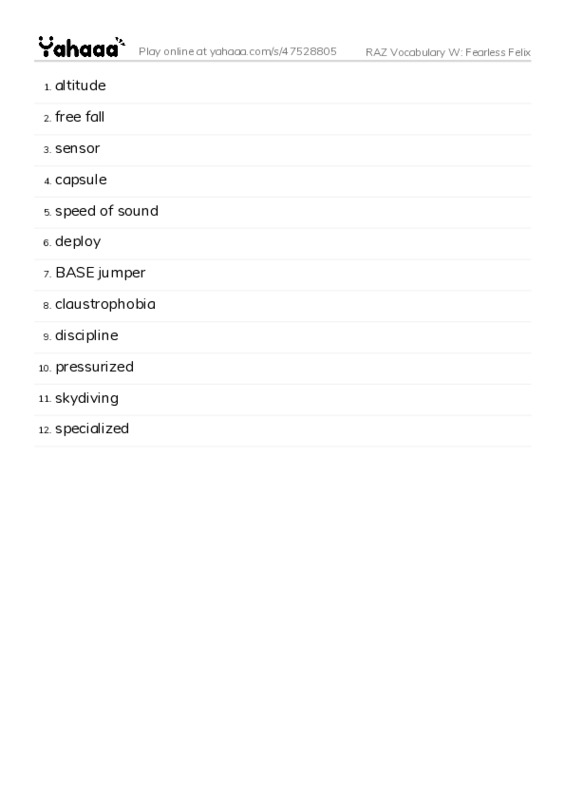 RAZ Vocabulary W: Fearless Felix PDF words glossary