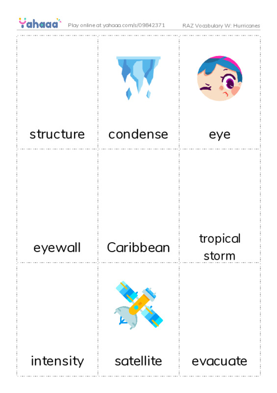 RAZ Vocabulary W: Hurricanes PDF flaschards with images