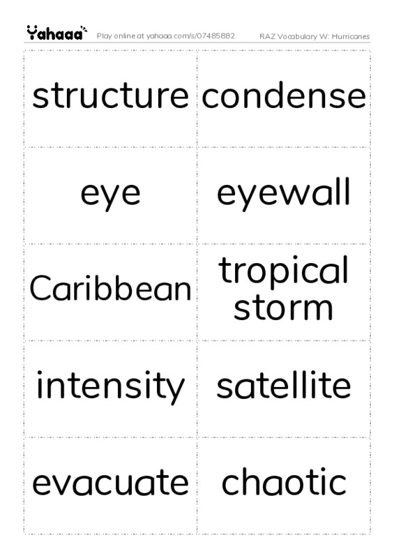 RAZ Vocabulary W: Hurricanes PDF two columns flashcards