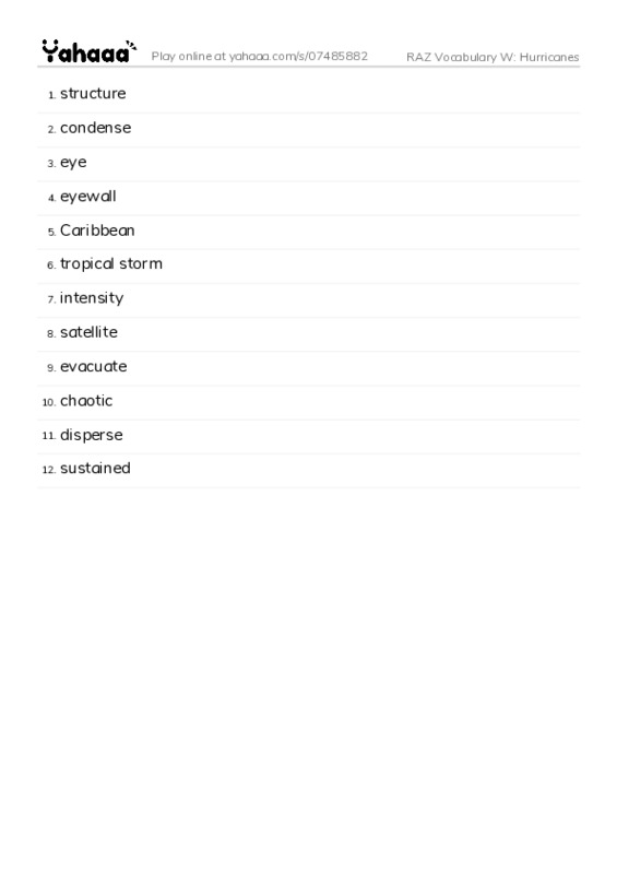 RAZ Vocabulary W: Hurricanes PDF words glossary