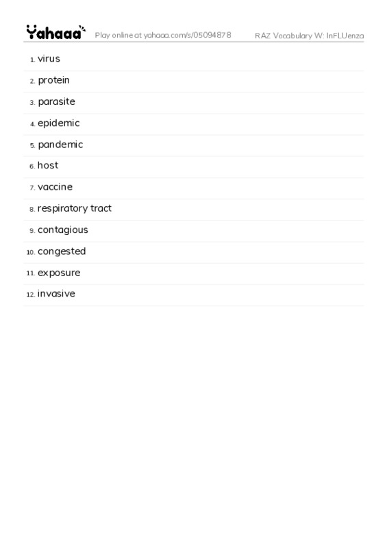 RAZ Vocabulary W: InFLUenza PDF words glossary