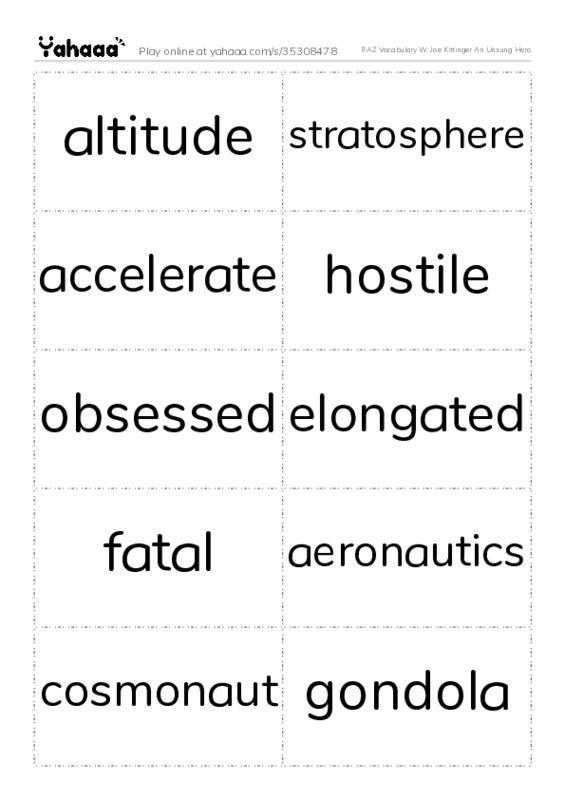 RAZ Vocabulary W: Joe Kittinger An Unsung Hero PDF two columns flashcards