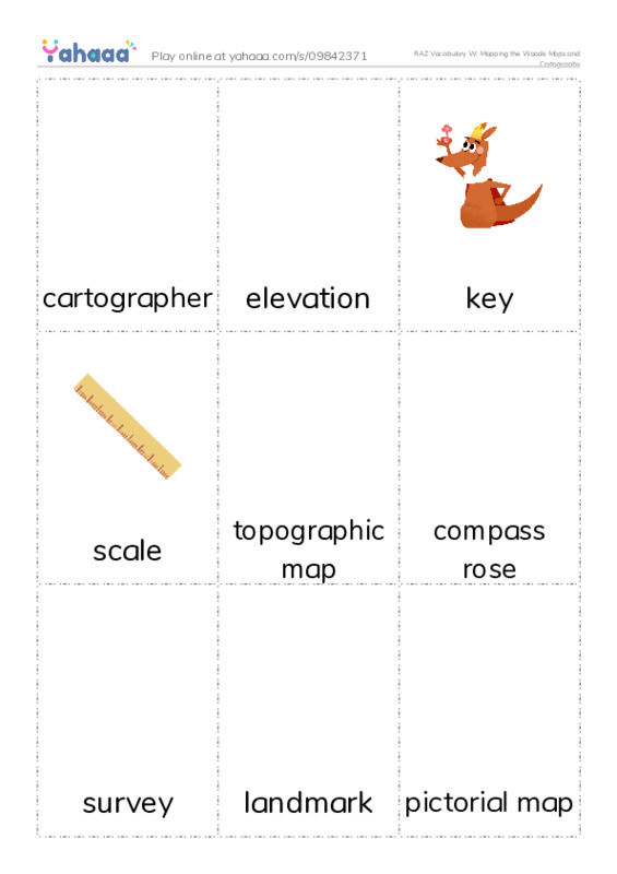 RAZ Vocabulary W: Mapping the Woods Maps and Cartography PDF flaschards with images