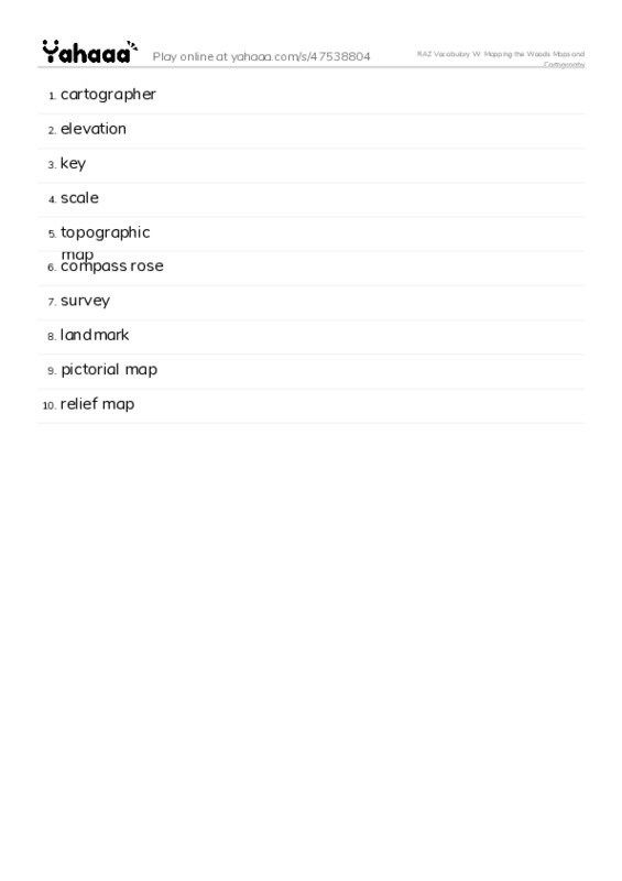 RAZ Vocabulary W: Mapping the Woods Maps and Cartography PDF words glossary