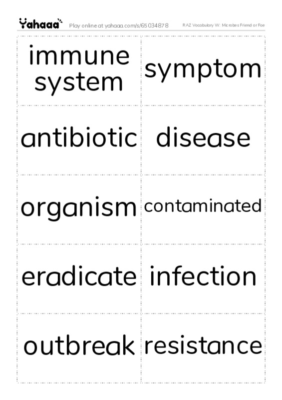 RAZ Vocabulary W: Microbes Friend or Foe PDF two columns flashcards