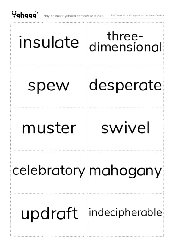 RAZ Vocabulary W: Miguel and the Secret Garden PDF two columns flashcards