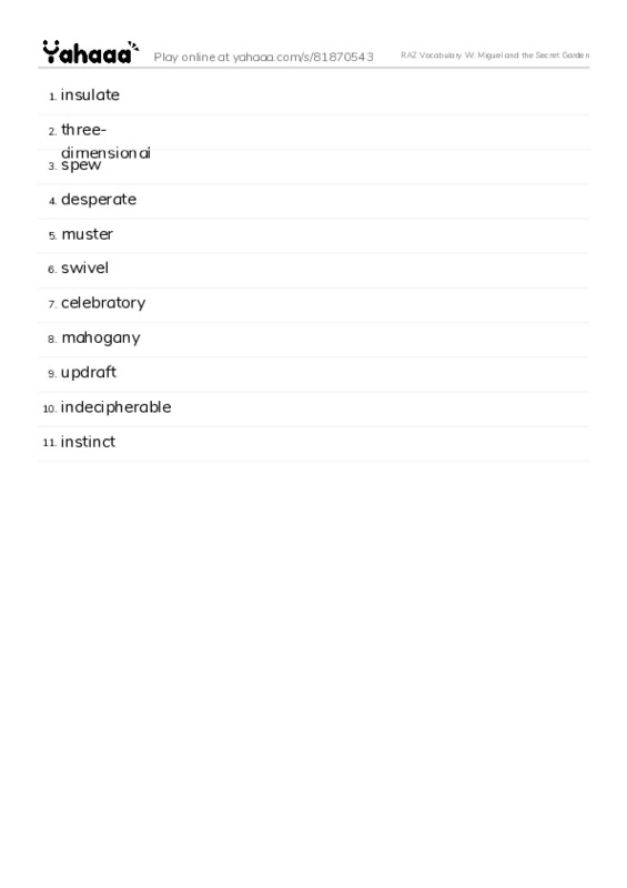 RAZ Vocabulary W: Miguel and the Secret Garden PDF words glossary
