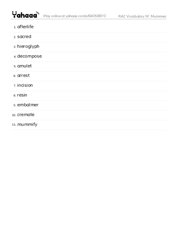 RAZ Vocabulary W: Mummies PDF words glossary