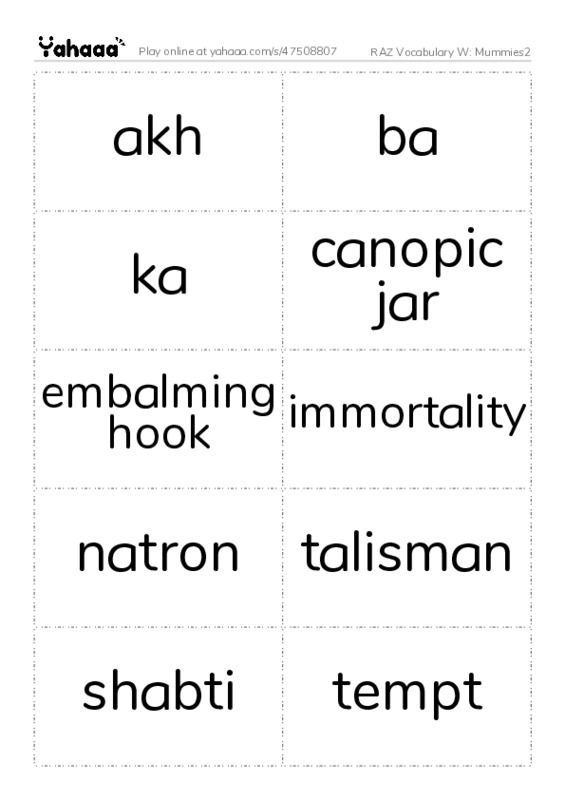 RAZ Vocabulary W: Mummies2 PDF two columns flashcards