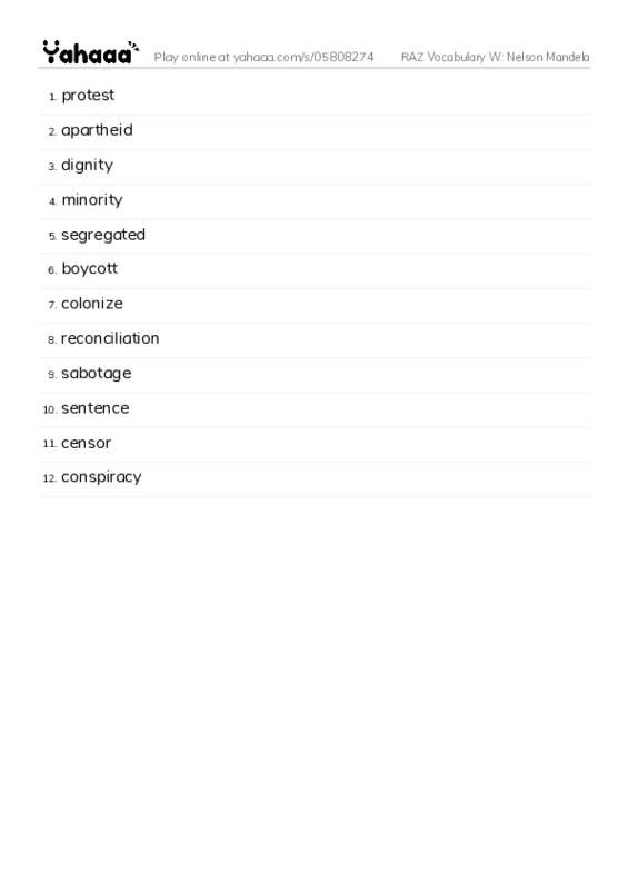 RAZ Vocabulary W: Nelson Mandela PDF words glossary