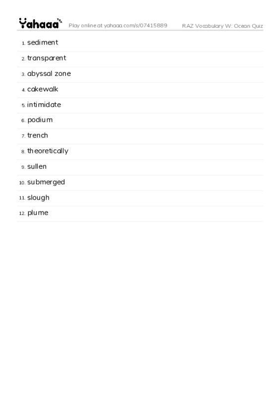 RAZ Vocabulary W: Ocean Quiz PDF words glossary