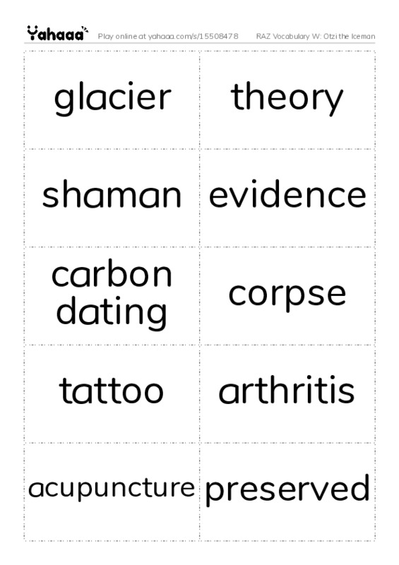 RAZ Vocabulary W: Otzi the Iceman PDF two columns flashcards