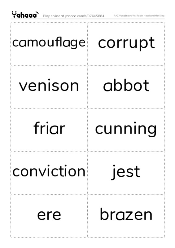 RAZ Vocabulary W: Robin Hood and the King PDF two columns flashcards