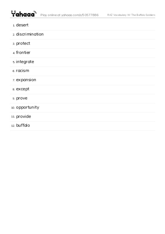 RAZ Vocabulary W: The Buffalo Soldiers PDF words glossary