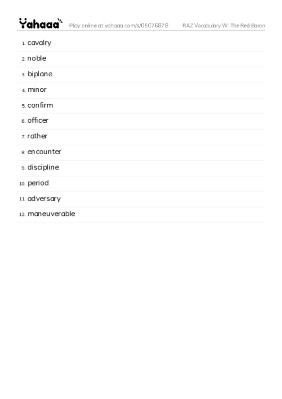 RAZ Vocabulary W: The Red Baron PDF words glossary
