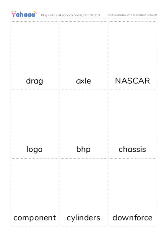 RAZ Vocabulary W: The World of NASCAR PDF flaschards with images