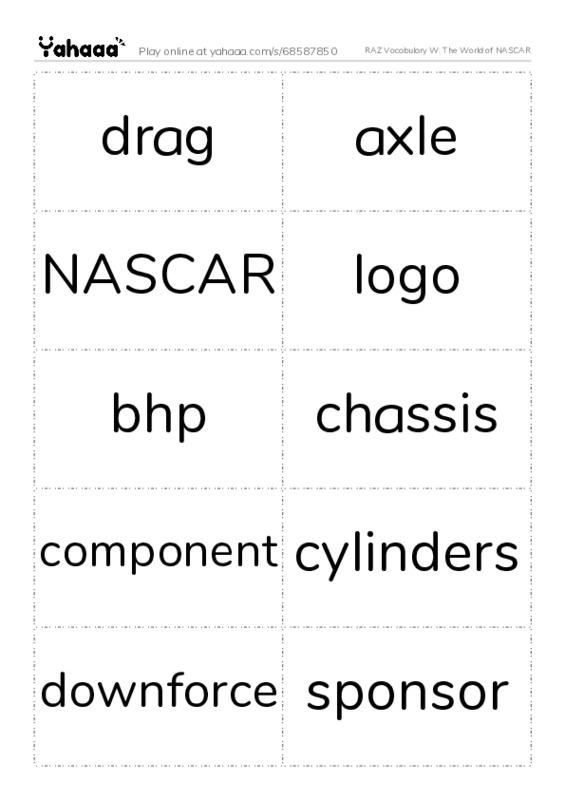 RAZ Vocabulary W: The World of NASCAR PDF two columns flashcards